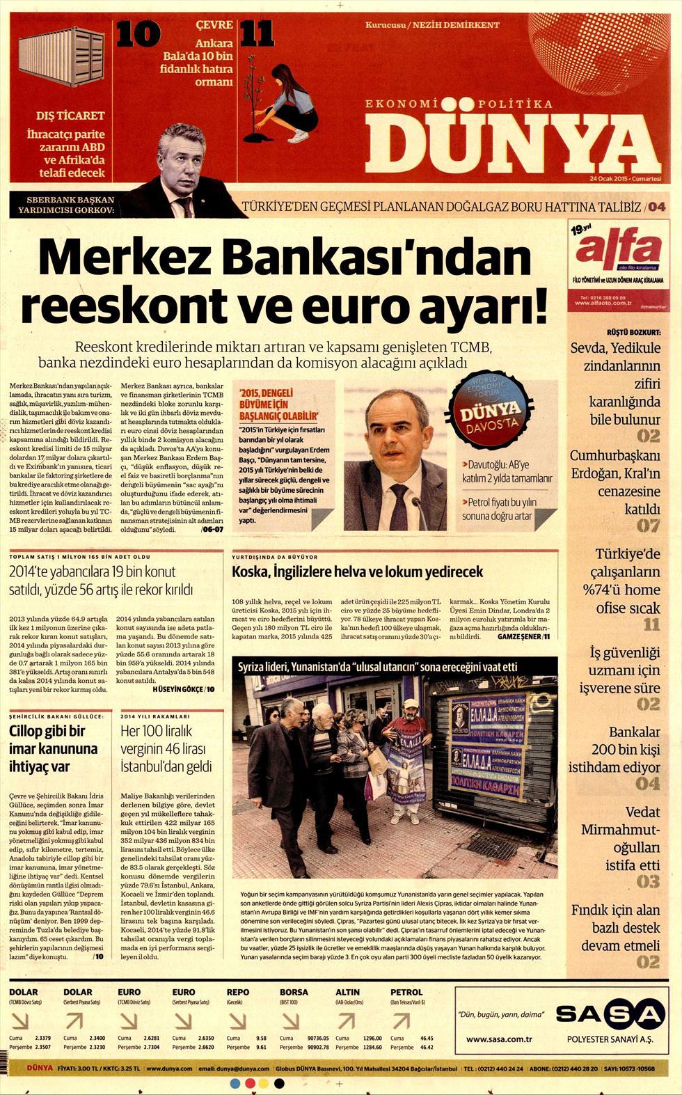 Gazete manşetleri 25 Ocak 2015 Gazete manşetleri Presshaber.com’da. 25 Ocak Pazar günü yayınlanan ulusal gazetelerin manşetleri sizin için sitemizde. 25 ocak gazete manşet dunya_250115