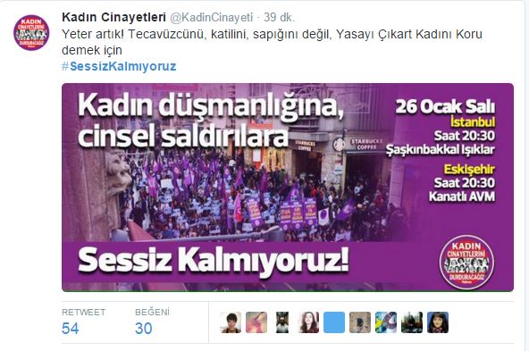 Bu akşam 20:30da #SessizKalmıyoruz diyen tüm kadınlarla birlikte İstanbul ve Eskişehirde buluşuyoruz 