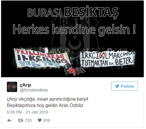 çArşı'dan hedef gösterilen Ermeni futbolcu için uyarı: çArşı ırkçılığa, insan ayrımcılığına karşı! Ermeni futbolcu Aras Özbiliz'i renklerine bağlayan Beşiktaş'ın bazı taraftarlarının sosyal medyada futbolcuyu hedef göstermesi üzerine çArşı da "Herkes kendine gelsin" diyerek, "çArşı ırkçılığa, insan ayrımcılığına karşı! Beşiktaşımıza hoş geldin Aras Özbiliz" mesajını yayınladı. Aras Özbiliz Çarşı Aras Özbiliz mesajı